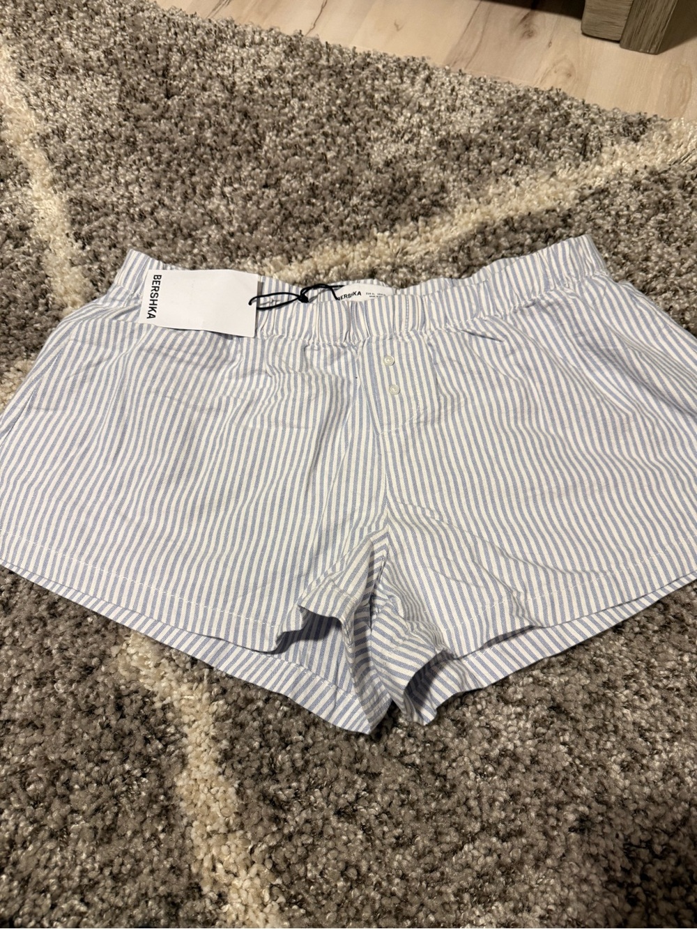 Bershka Light Blue & White Striped Cotton Lounge Shorts